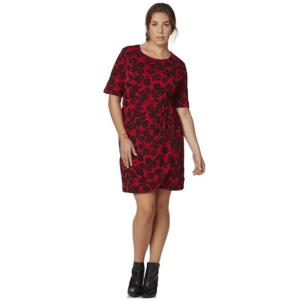 Size 3X 22 24 RED/BLACK ROSE‎ PRINT KNIT DRESS Day/Evening All-Season PLUS SIZE